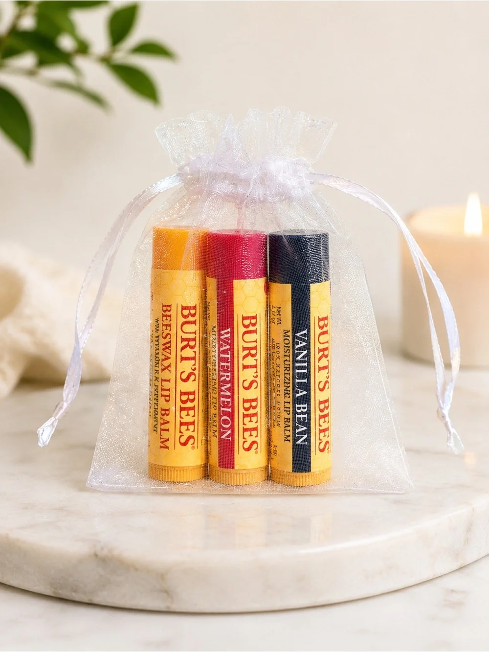 Burt’s Bees Lip Balm Gift Set – 3 Pack in Organza Gift Bag – New